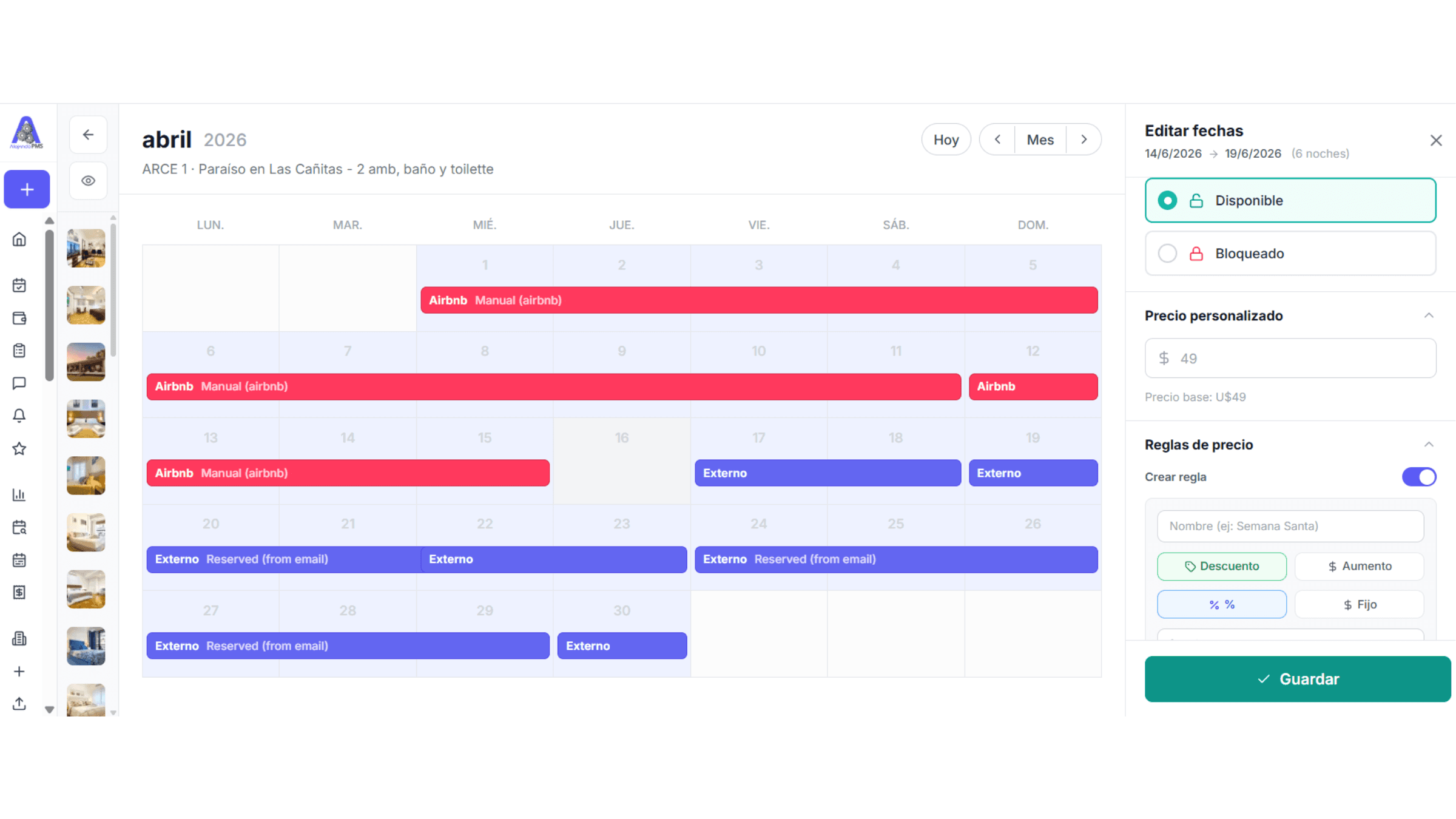 Calendar detalle de propiedad ARCE 1 con edicion de fechas, precios y reglas