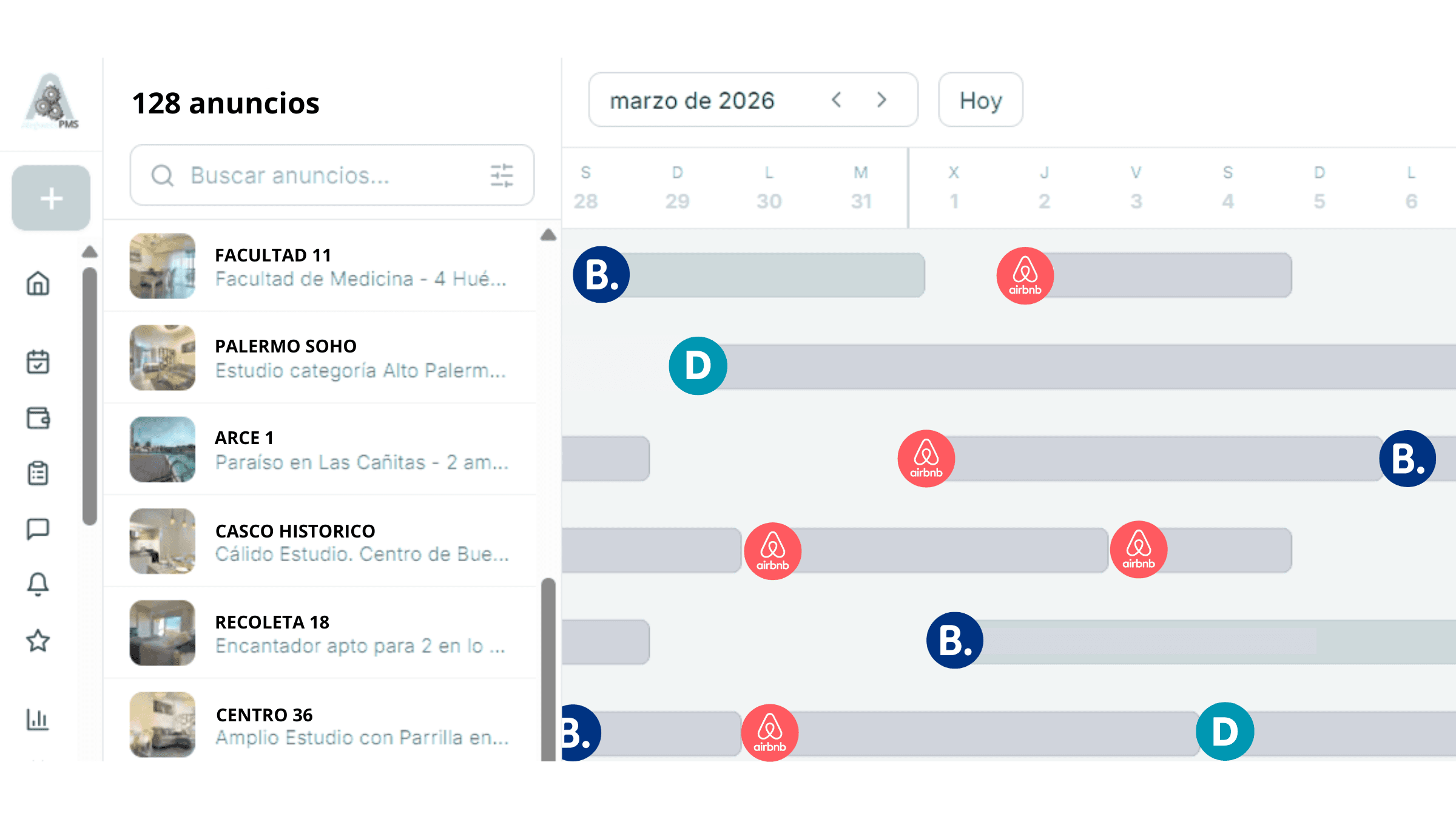 MultiCalendar de Alojando — vista del calendario unificado con todas las propiedades y reservas de Airbnb, Booking y reservas directas en una sola pantalla
